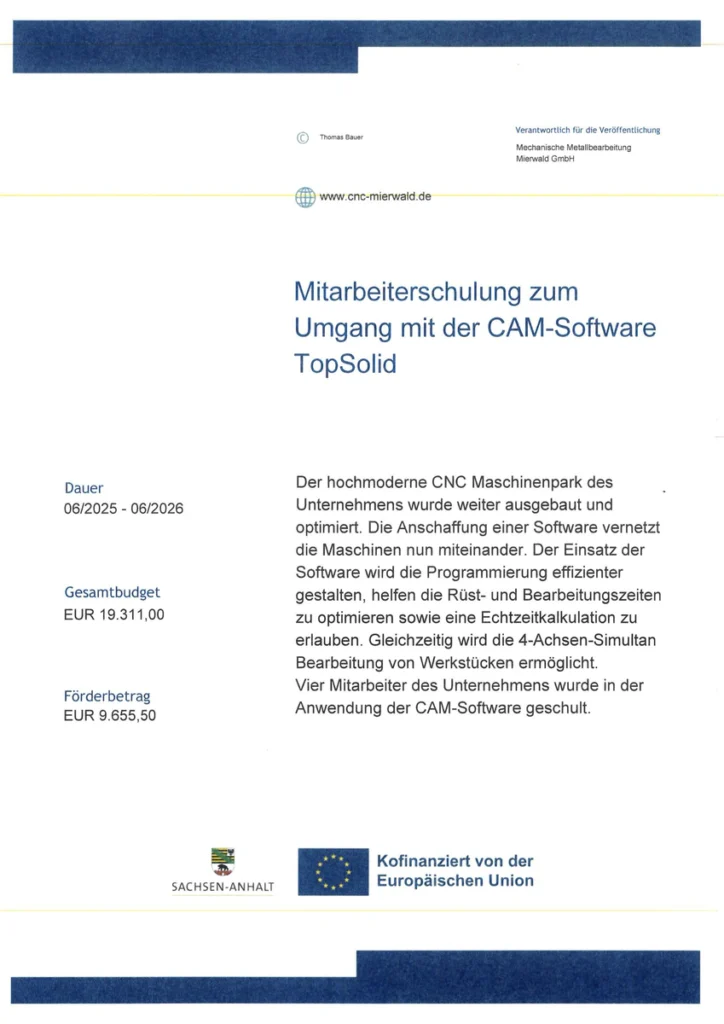 Förderung Mitarbeiterschulung TopSolid -Mechanische Metallbearbeitung Schönebeck Mierwald
