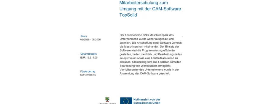 Förderung Mitarbeiterschulung TopSolid -Mechanische Metallbearbeitung Schönebeck Mierwald